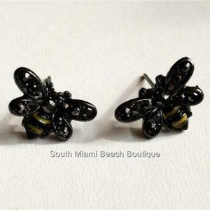 Bumble Bee Earrings Yellow Enamel Marcasite Black